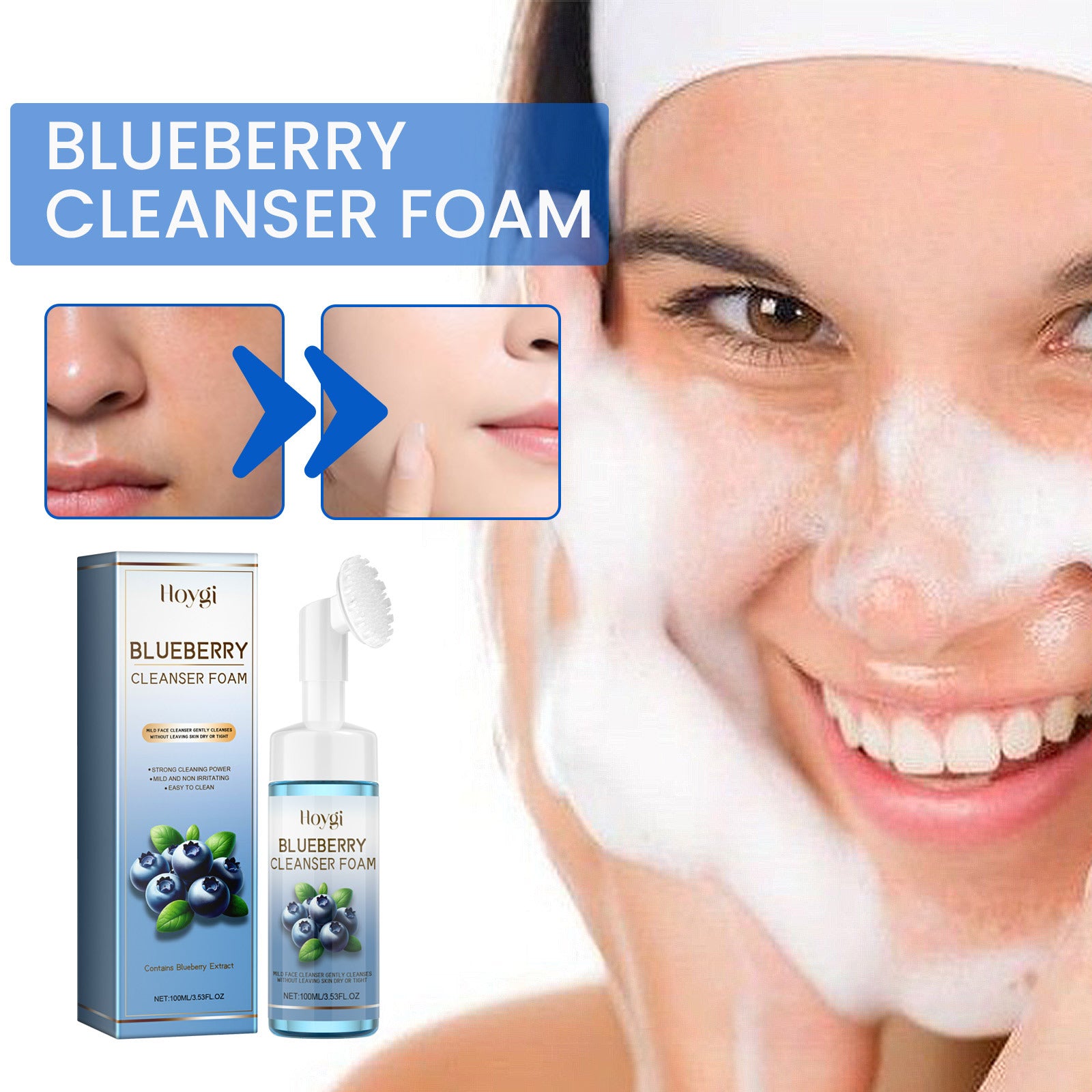 Horygi Blueberry Cleansing Mousse Brush Facial Foam Fragrance Squeeze Brightening Cleanse Turmeric  Facial  Cleanser Natural Exfoliating Renewal Serum