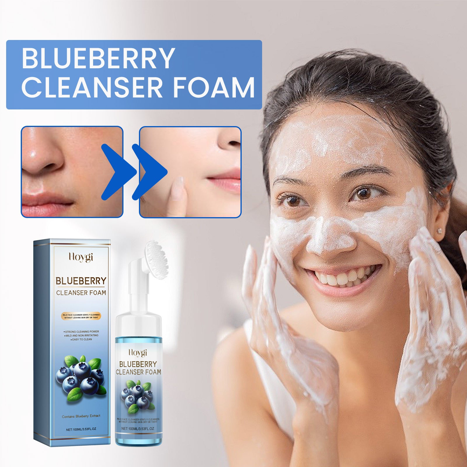 Horygi Blueberry Cleansing Mousse Brush Facial Foam Fragrance Squeeze Brightening Cleanse Turmeric  Facial  Cleanser Natural Exfoliating Renewal Serum