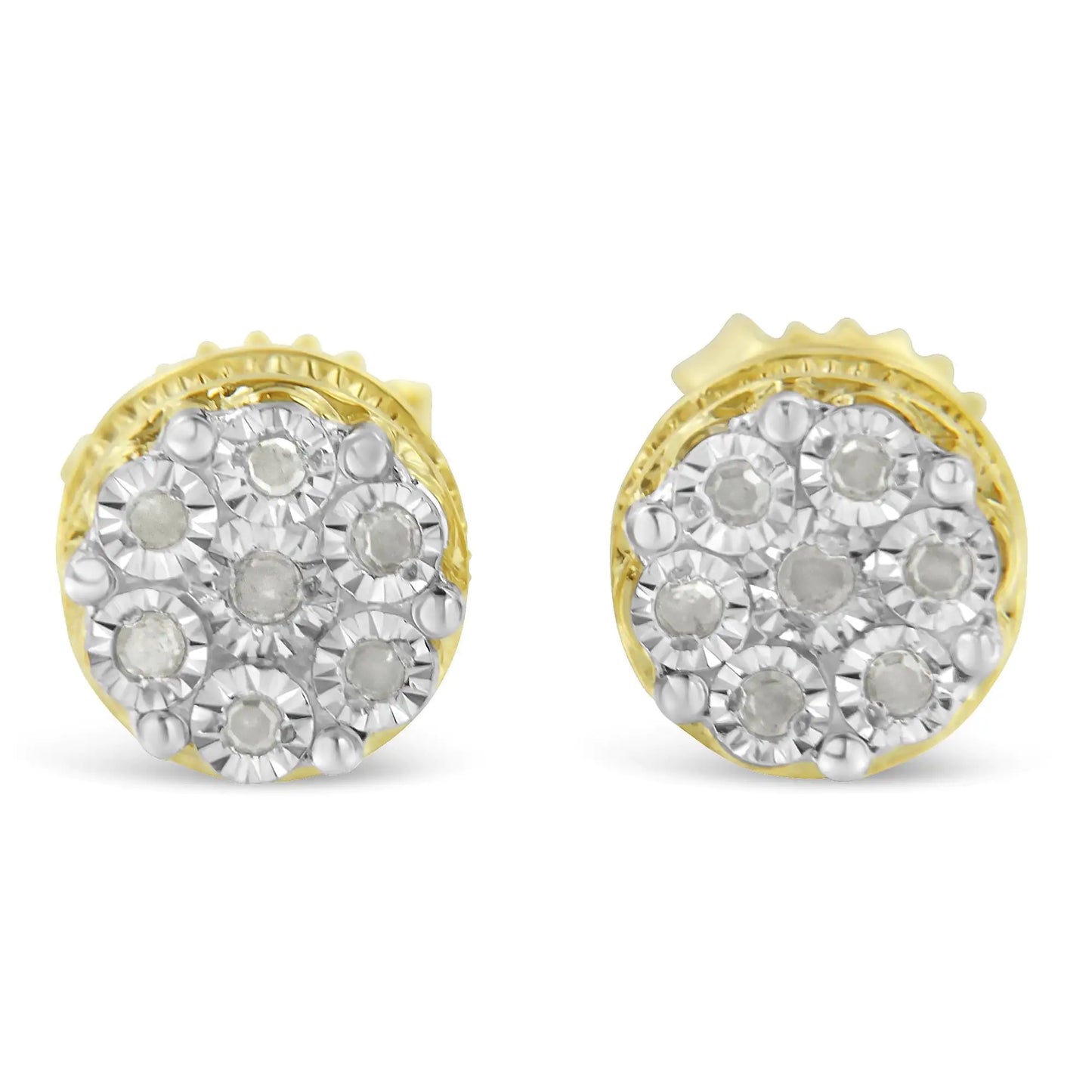 14K Yellow Gold Plated Sterling Silver Diamond Miracle Set Stud Earrings – 1/7 Cttw, I-J Color, Promo I3 Clarity, Dainty Jewelry Gift
