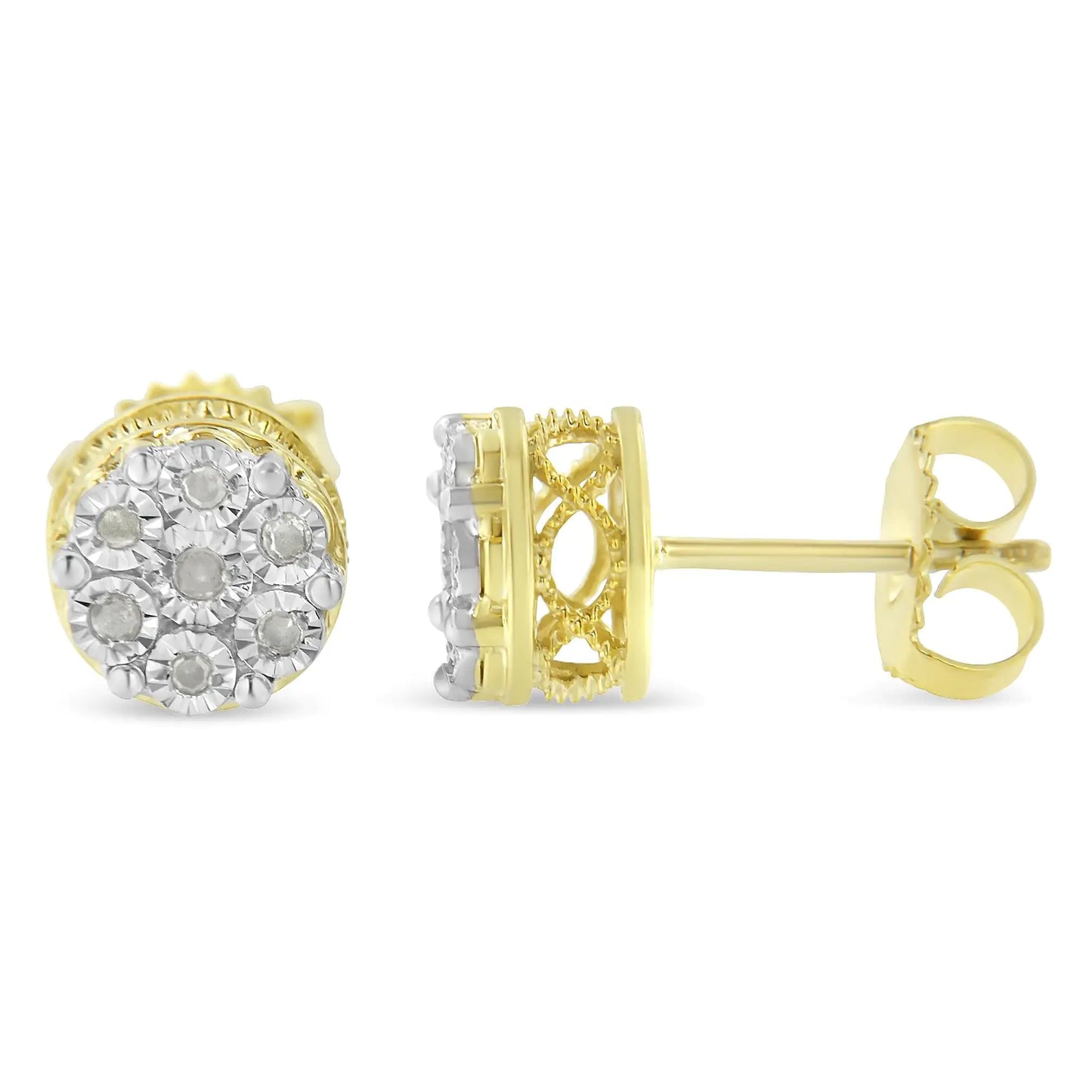 14K Yellow Gold Plated Sterling Silver Diamond Miracle Set Stud Earrings – 1/7 Cttw, I-J Color, Promo I3 Clarity, Dainty Jewelry Gift