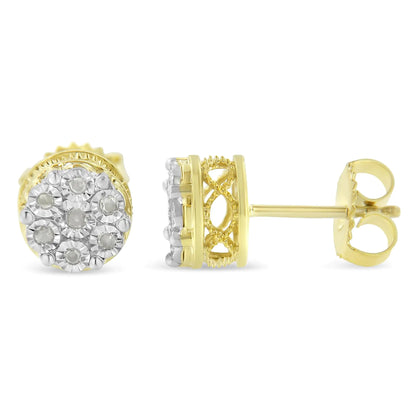 14K Yellow Gold Plated Sterling Silver Diamond Miracle Set Stud Earrings – 1/7 Cttw, I-J Color, Promo I3 Clarity, Dainty Jewelry Gift