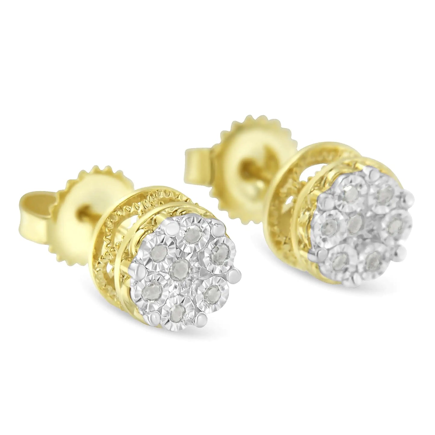 14K Yellow Gold Plated Sterling Silver Diamond Miracle Set Stud Earrings – 1/7 Cttw, I-J Color, Promo I3 Clarity, Dainty Jewelry Gift