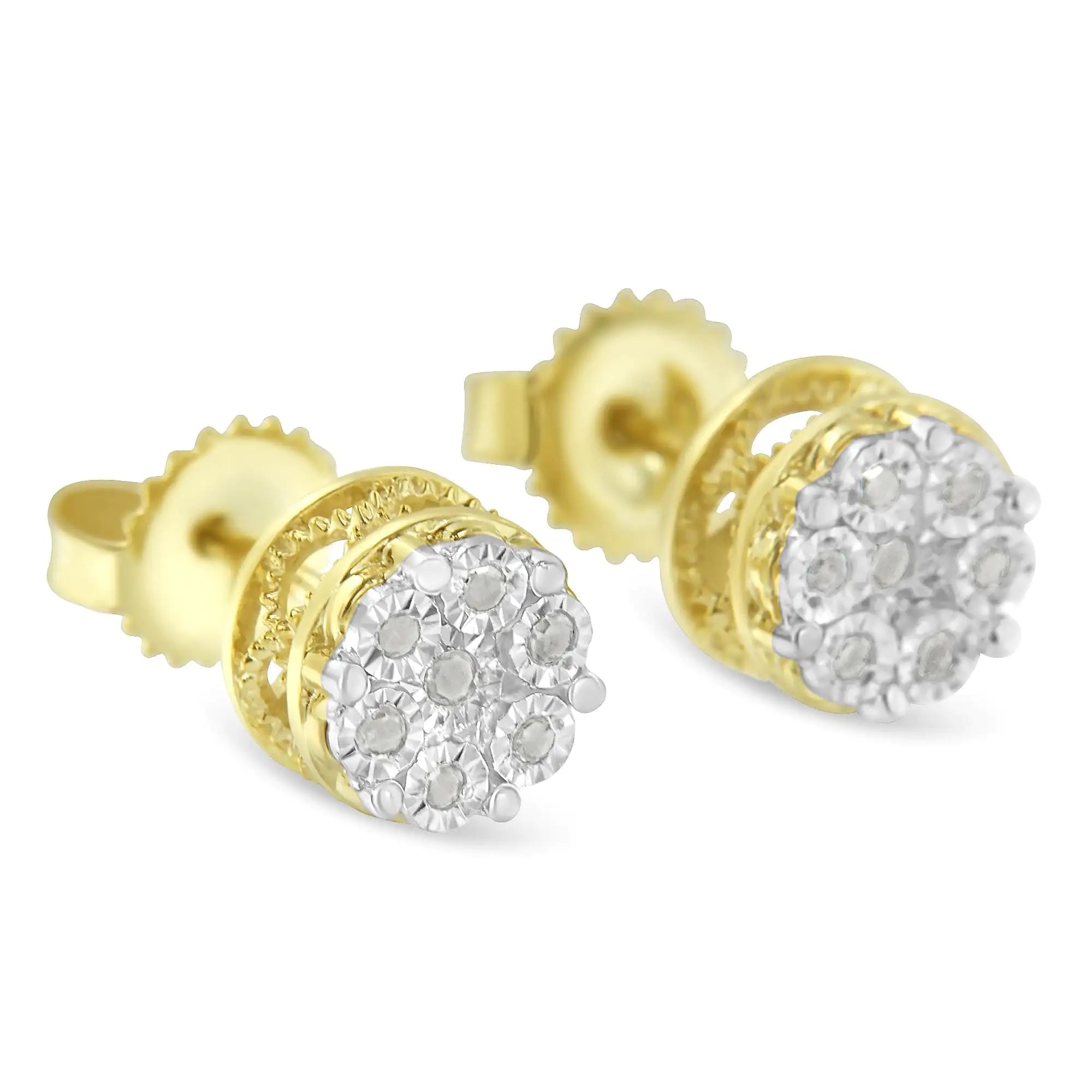 14K Yellow Gold Plated Sterling Silver Diamond Miracle Set Stud Earrings – 1/7 Cttw, I-J Color, Promo I3 Clarity, Dainty Jewelry Gift
